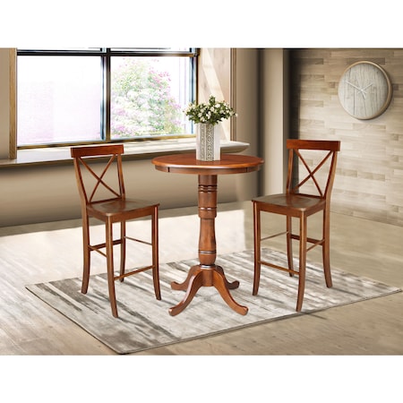 International Concepts Round 30 in Rd Pedestals Bar Height Table, 2 Bar Height Stools, Espresso, 30 in W, 30 in L, Wood K581-30RT-6B-S6133-2